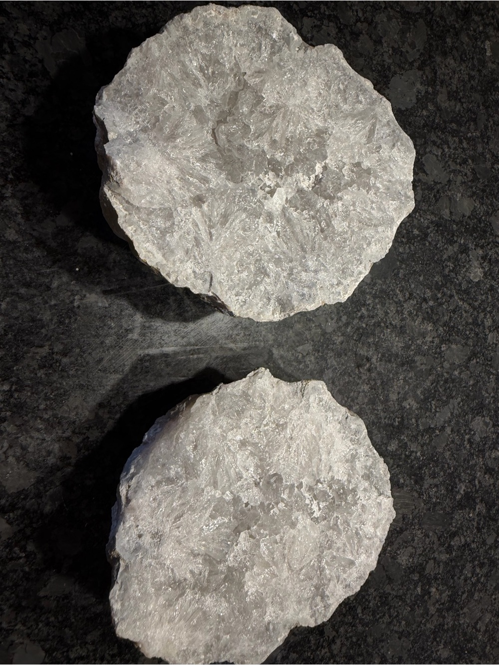 Raw White Crystal Geode Pair - Decorative Mineral Slices